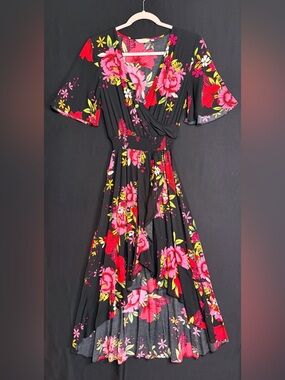 KorMei midi dress Small Black Floral pullon smocked waist asymmetrical rufflehem